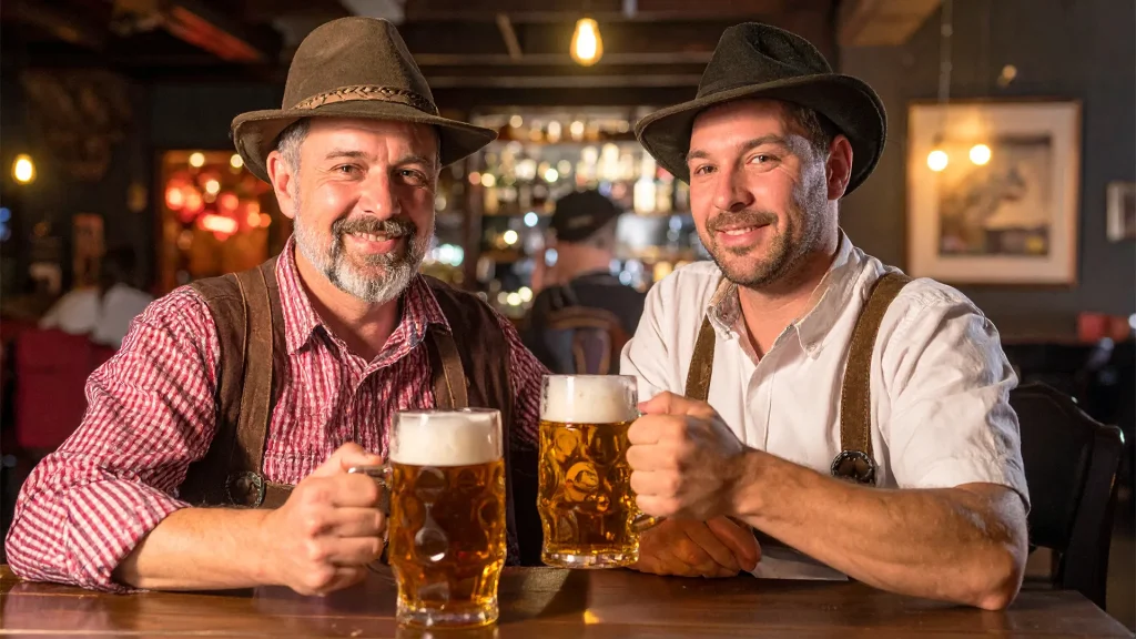father and son enjoying a cold beer.